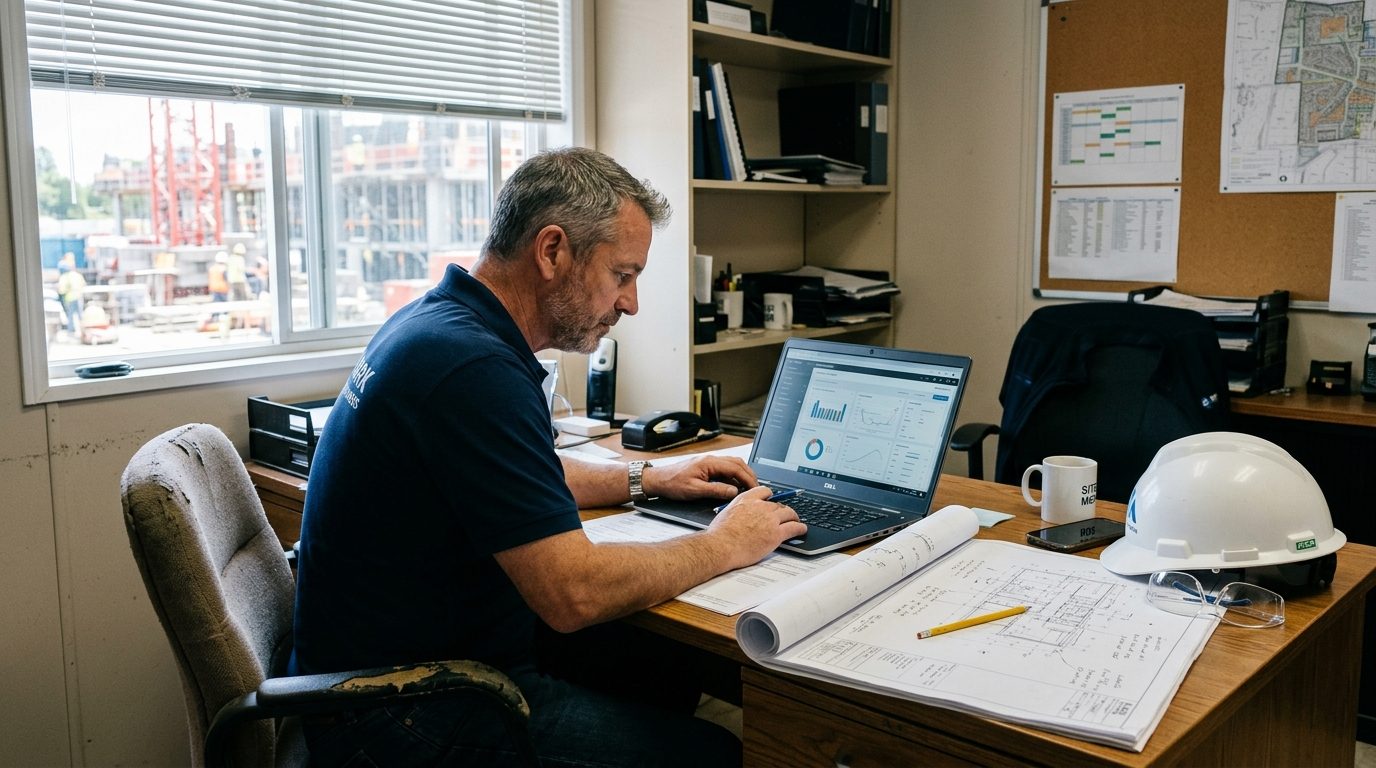 Construction business owner reviewing tender alerts and a draft proposal on a laptop in a site office